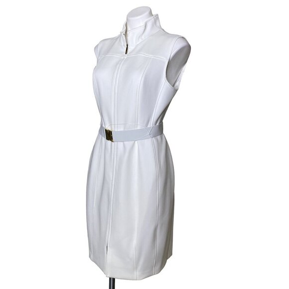 Tommy Hilfiger Ivory Scuba Sheath Dress, NWT $119 Front Zip Belt Women's Size 12 - Picture 8 of 12